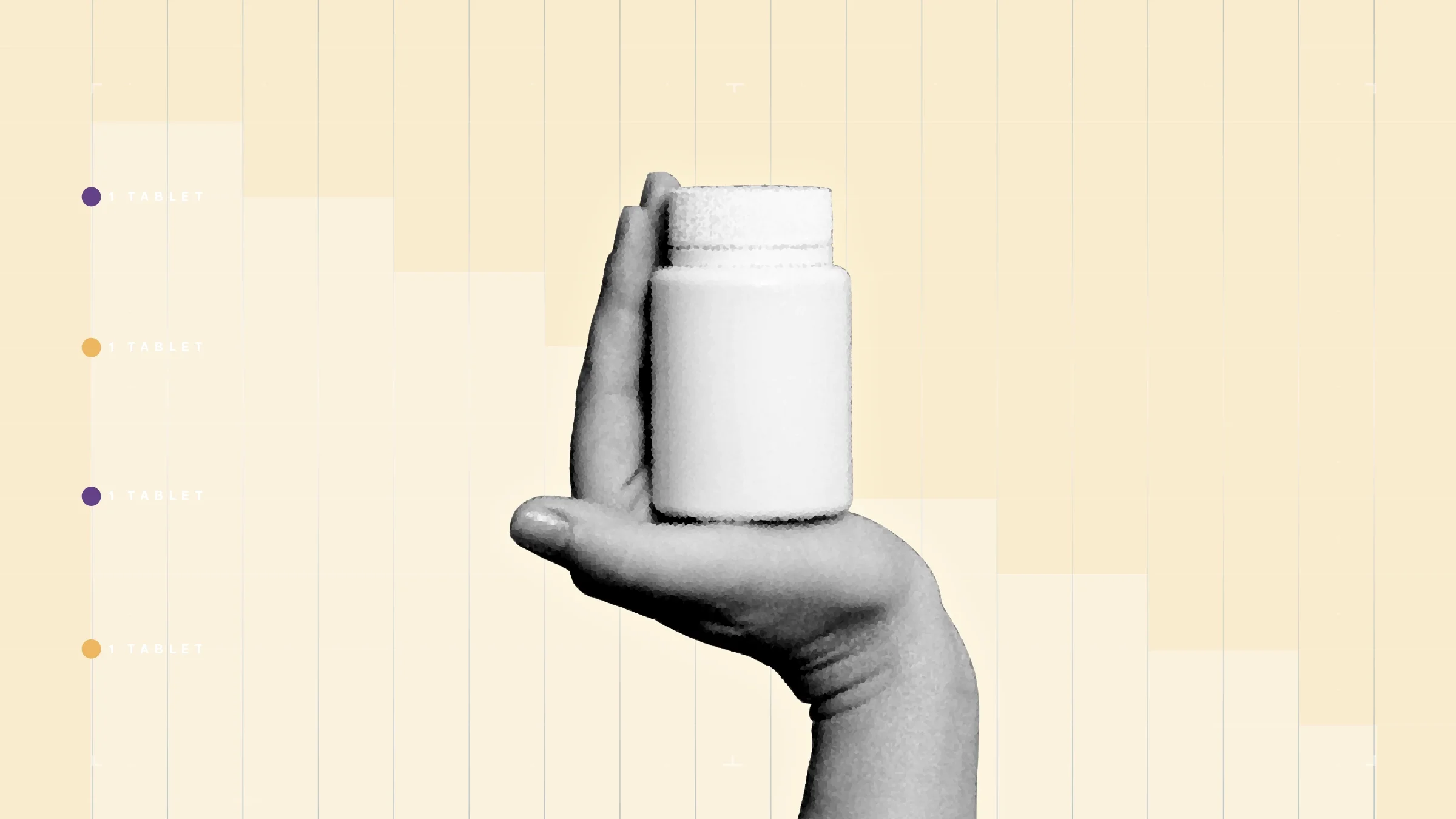 Light yellow background with graph paper texture and representational step graph. In the center is a black and white cutout of a hand holding a plain pill bottle. 