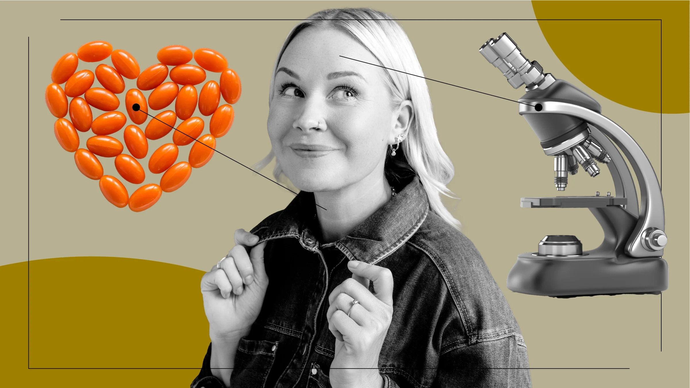 Tan background with black-and-white cutout of a blonde woman looking up. Off of her are diagram lines pointing to objects representing CoQ10 for fertility. On the left are supplement pills forming a heart. And on the right is a microscope.