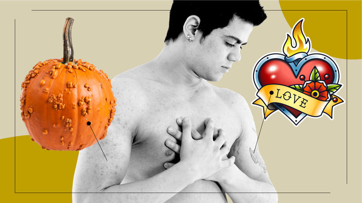 A graphic represents how psoriasis feels with a black-and-white portrait of a shirtless man, a bumpy pumpkin, and a tattoo-like drawing of a flaming heart.