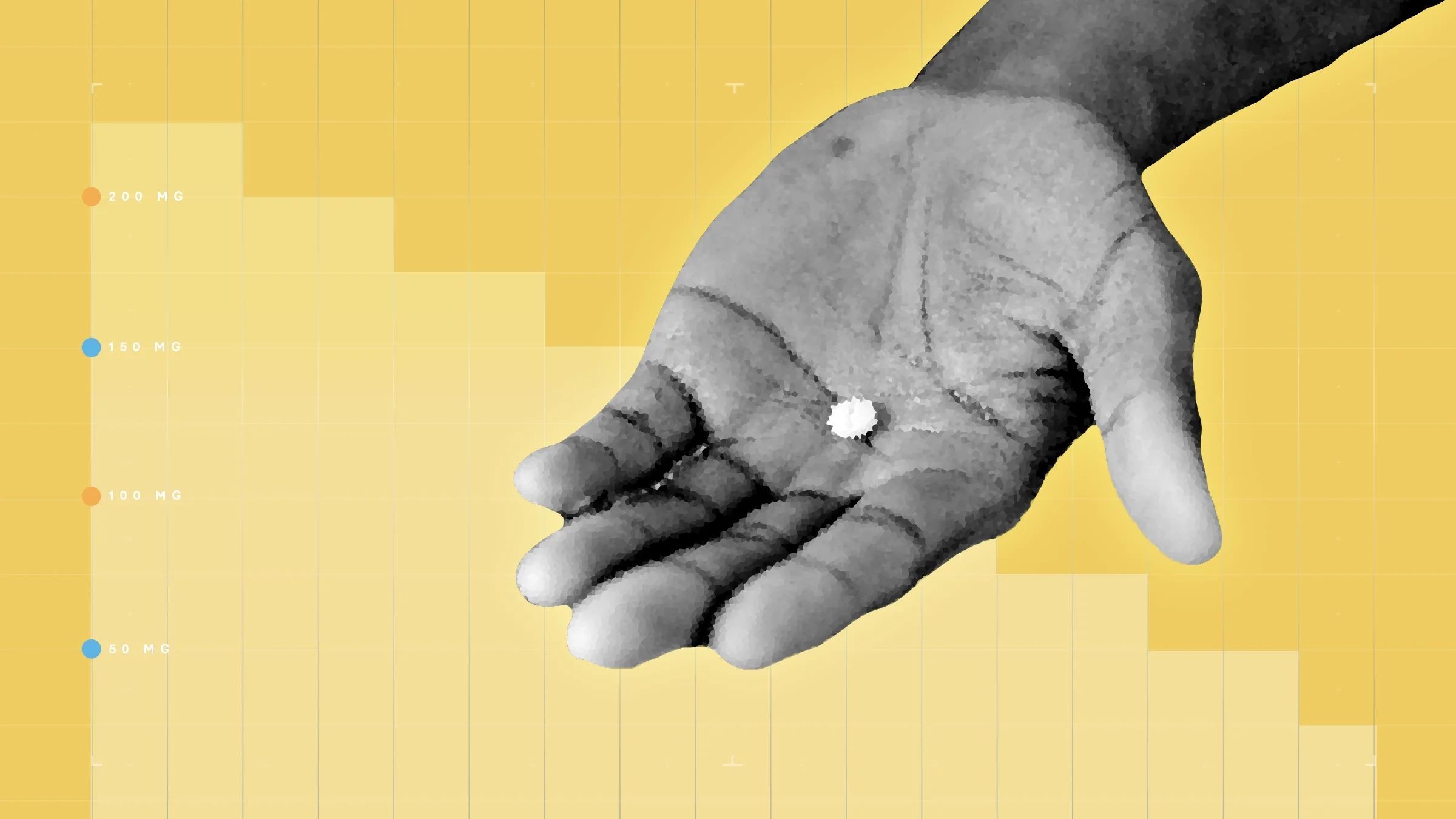 Bright-yellow background with graph paper texture and representational step graph. In the center is a black-and-white cutout of a hand holding a single round pill.