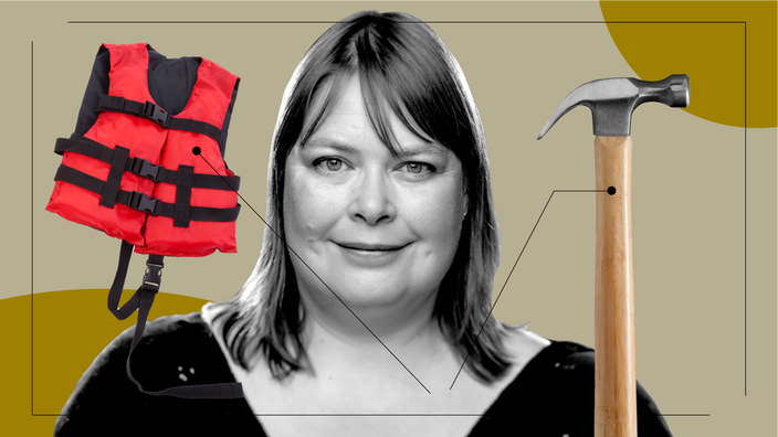 A graphic representing living with heart failure includes images of a woman, a hammer, and a life vest. 