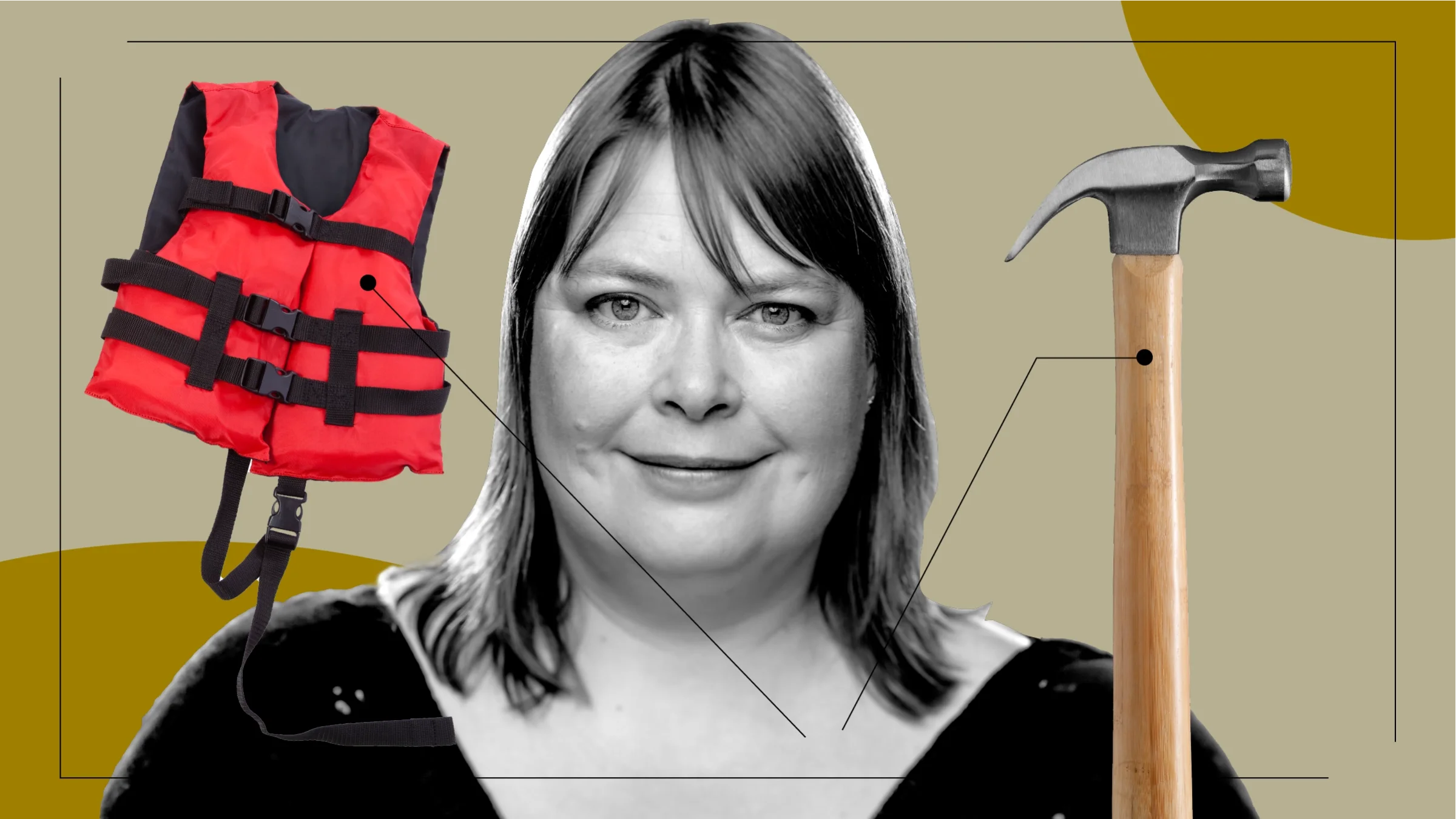 A graphic representing living with heart failure includes images of a woman, a hammer, and a life vest. 
