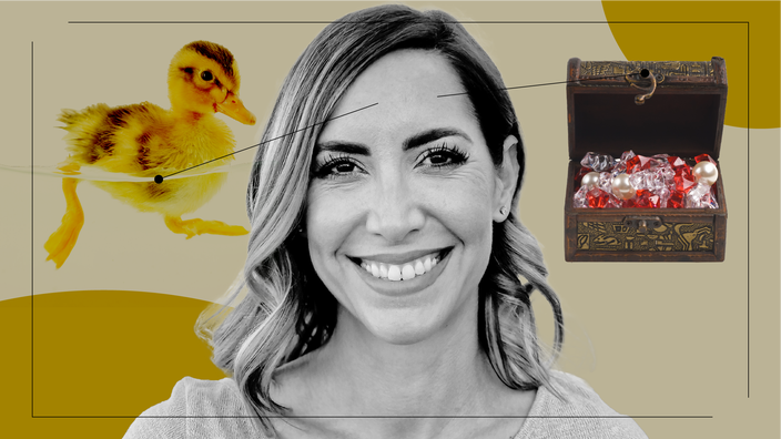 Custom graphic showing what it feels like to deal with mental health issues. In the center is a black-and-white portrait of a smiling woman. Off of her are diagram lines pointing to objects representing the feelings. On the left is a swimming duckling. On the right is Pandora’s box with jewels.
