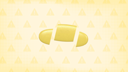 In the center of a pale yellow background with texture and warning sign pattern is a yellow oblong pill cut into thirds.  
GoodRx Health