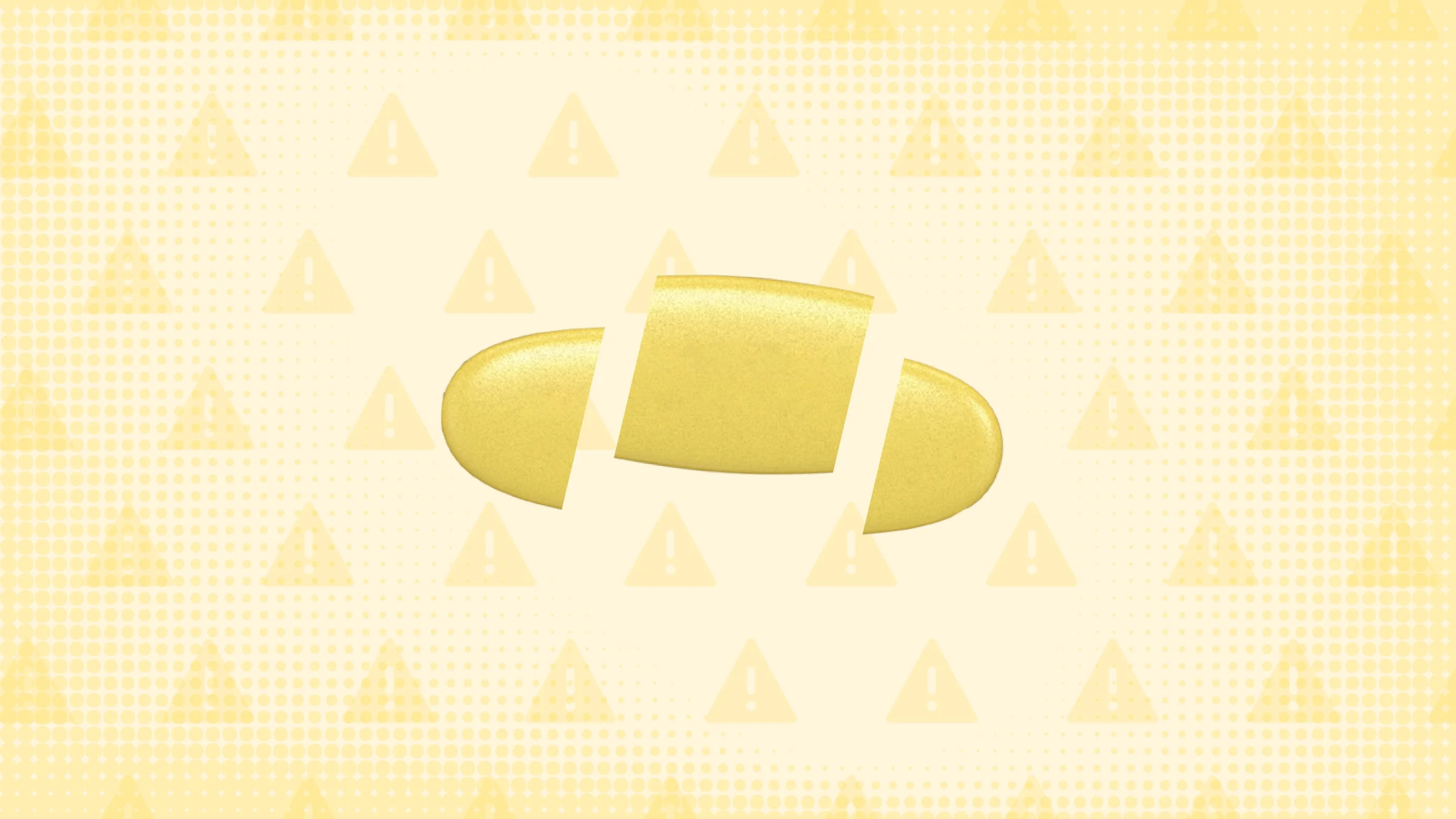 In the center of a pale yellow background with texture and warning sign pattern is a yellow oblong pill cut into thirds.  