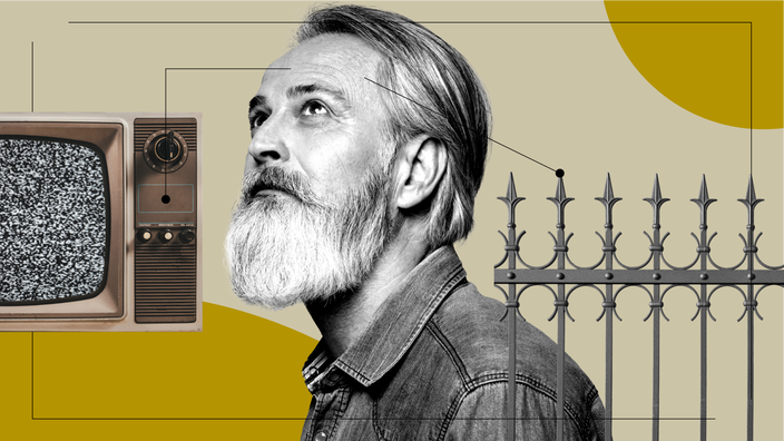 A photo of a bearded man. On either side are items representing what it feels like to experience hearing loss and depression: a metal fence and static on a TV.