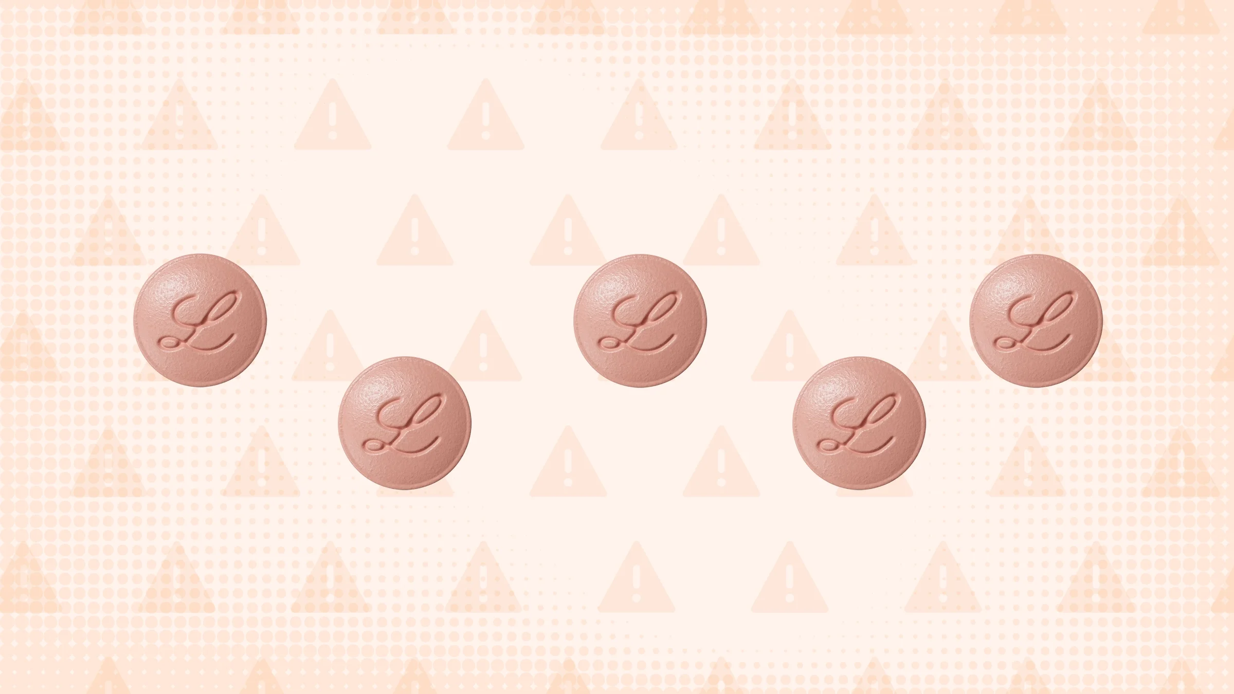 In the center of a light orange background with texture and warning sign pattern is a row of Foundayo pills.