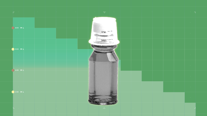 Light-green background with graph paper texture and representational step graph. In the center is a black-and-white cutout image of a cough syrup bottle.