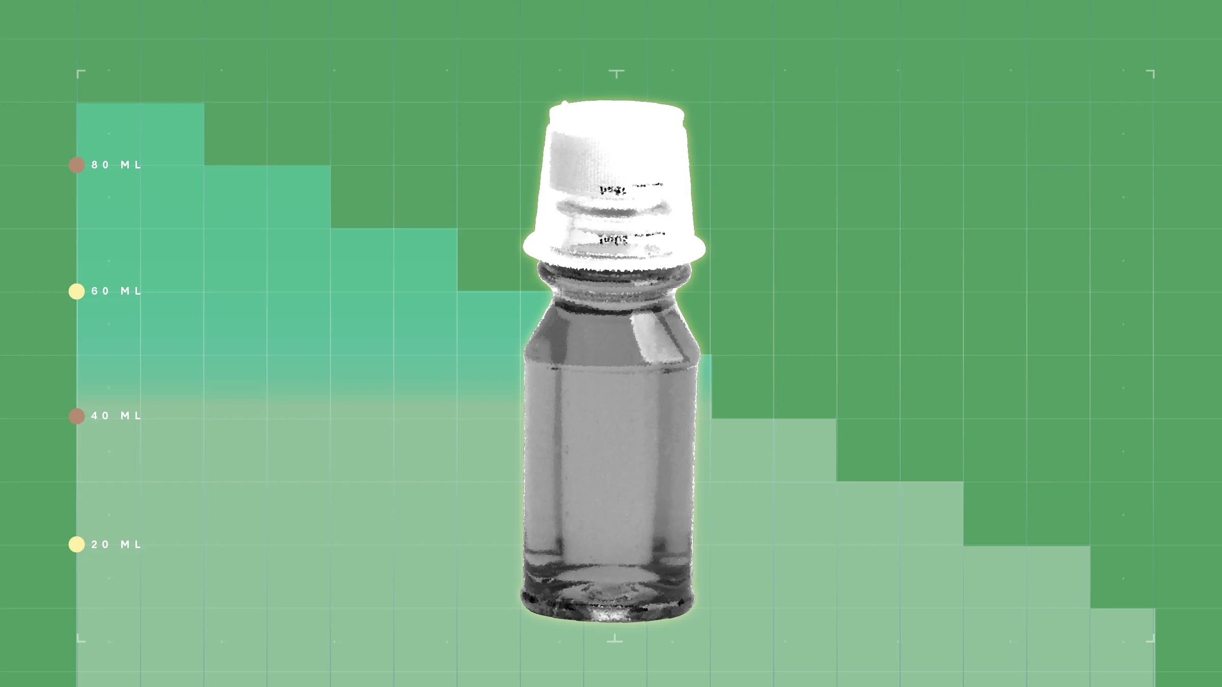 Light-green background with graph paper texture and representational step graph. In the center is a black-and-white cutout image of a cough syrup bottle.