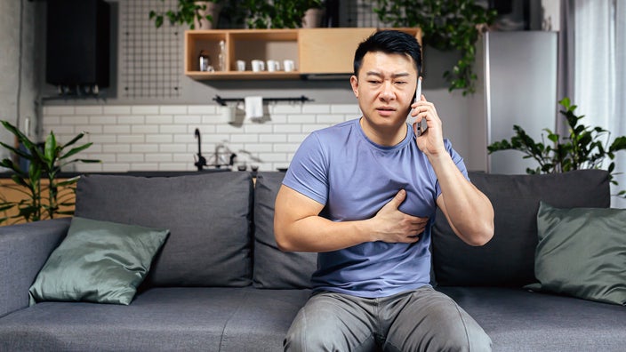 A man with chest pain calls 911. 