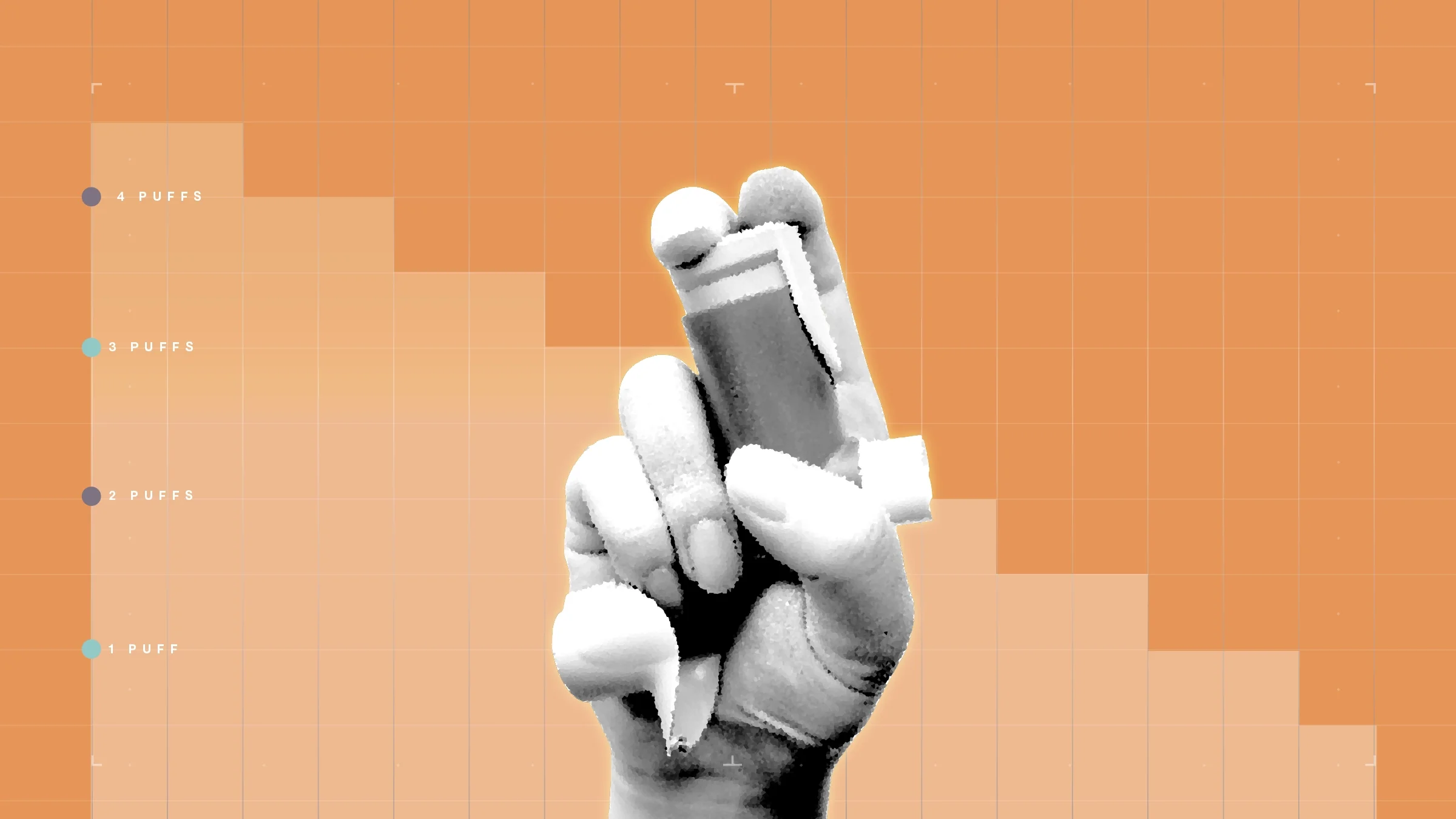 Light orange background with graph paper texture and representational step graph. In the center is a black-and-white cutout of a hand holding an inhaler. 