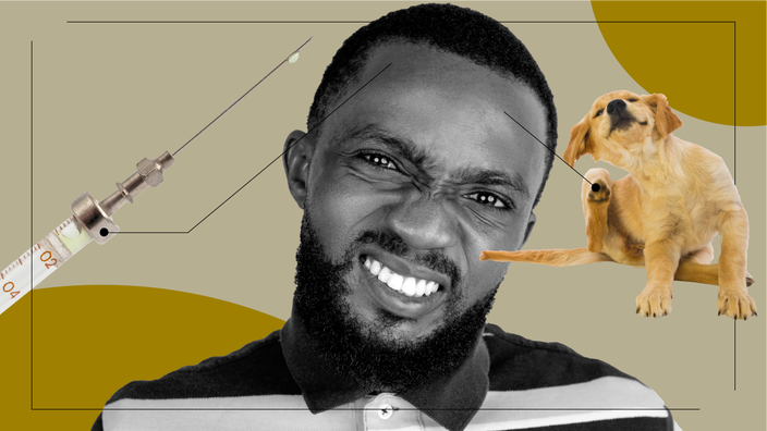 Tan background with a black-and-white cutout portrait of a man with a facial expression. On the left is a numbing needle, and on the right is a dog scratching its ear.