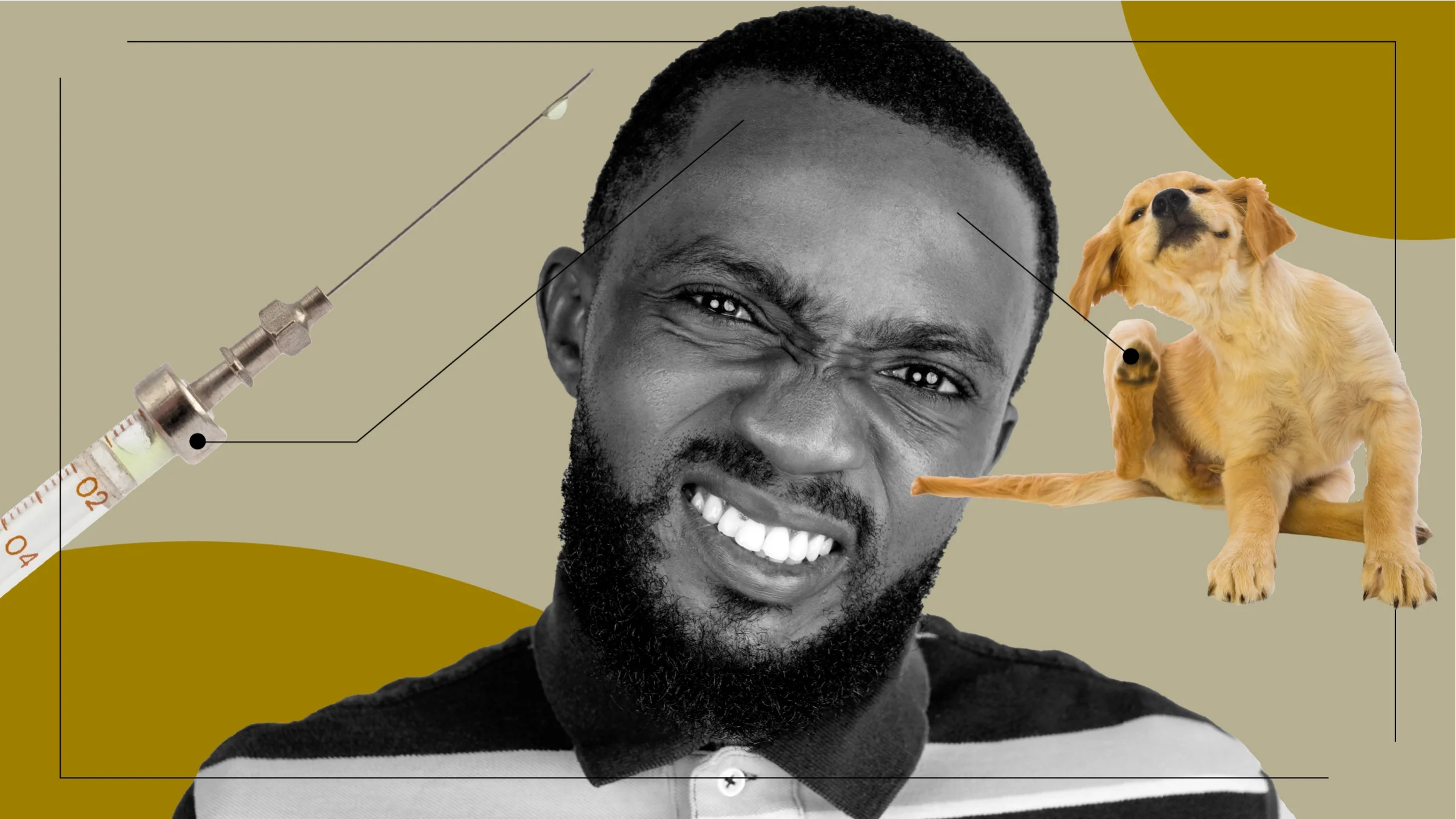 Tan background with a black-and-white cutout portrait of a man with a facial expression. On the left is a numbing needle, and on the right is a dog scratching its ear.