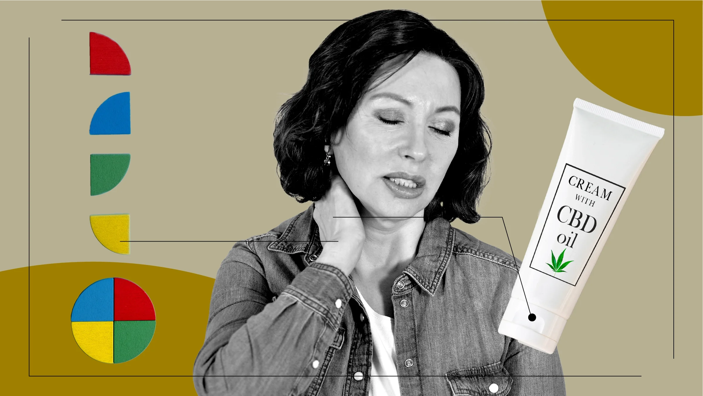 Tan background with a black-and-white cutout of a woman rubbing her neck in pain. Off of her are diagram lines pointing to objects representing CBD cream use. On the left are colorful fraction blocks, and on the right is a CBD cream tube.