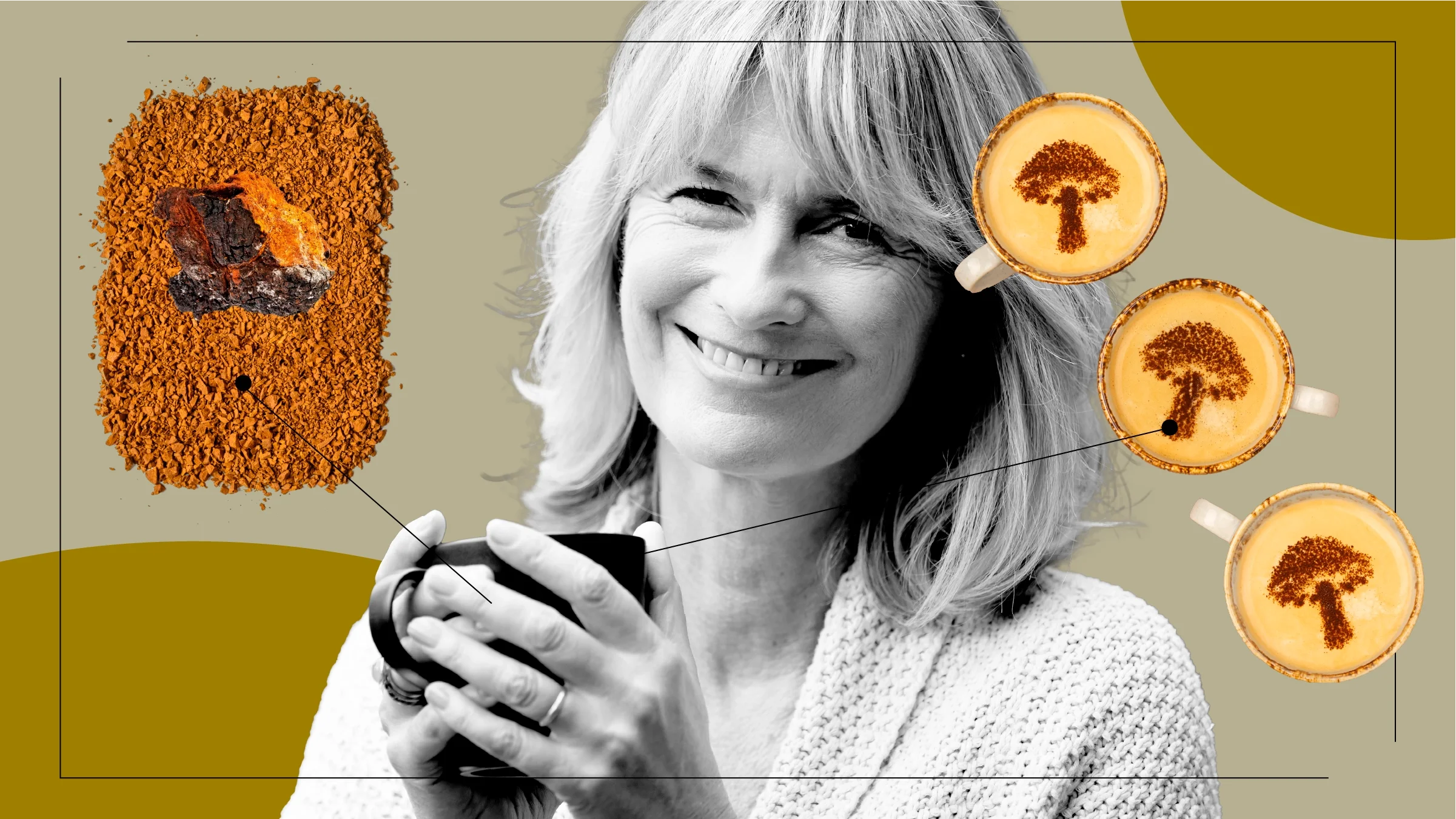 Tan background with black-and-white cutout portrait of a woman holding a coffee mug. Off of her are diagram lines pointing to items related to mushroom coffee. On the left is a pile of mushroom coffee with a chaga mushroom on top. On the right are three coffee mugs with mushroom coffee art on top.