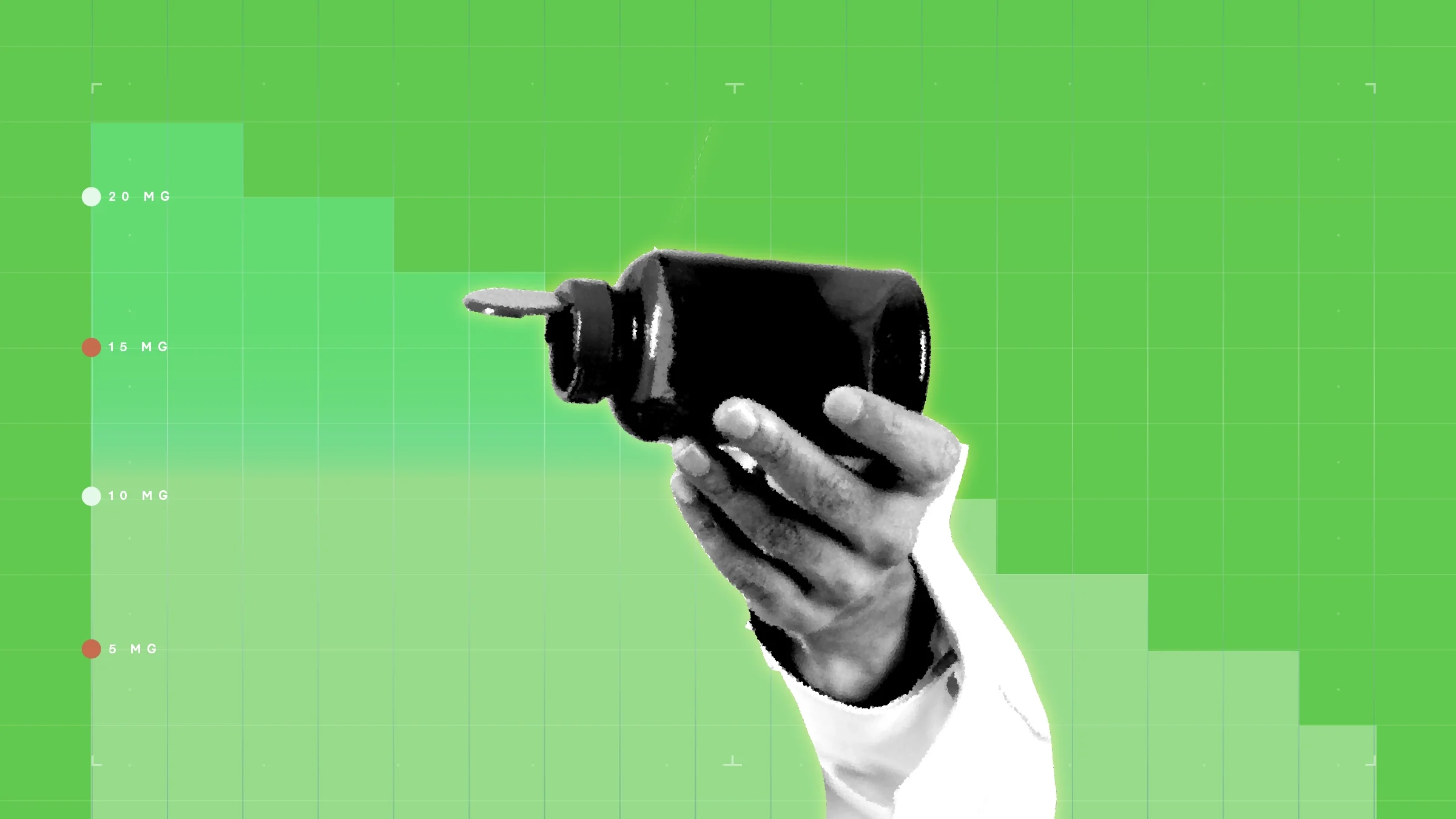 A green background with graph paper texture and representative step graph. In the center is a hand holding a supplement pill bottle.