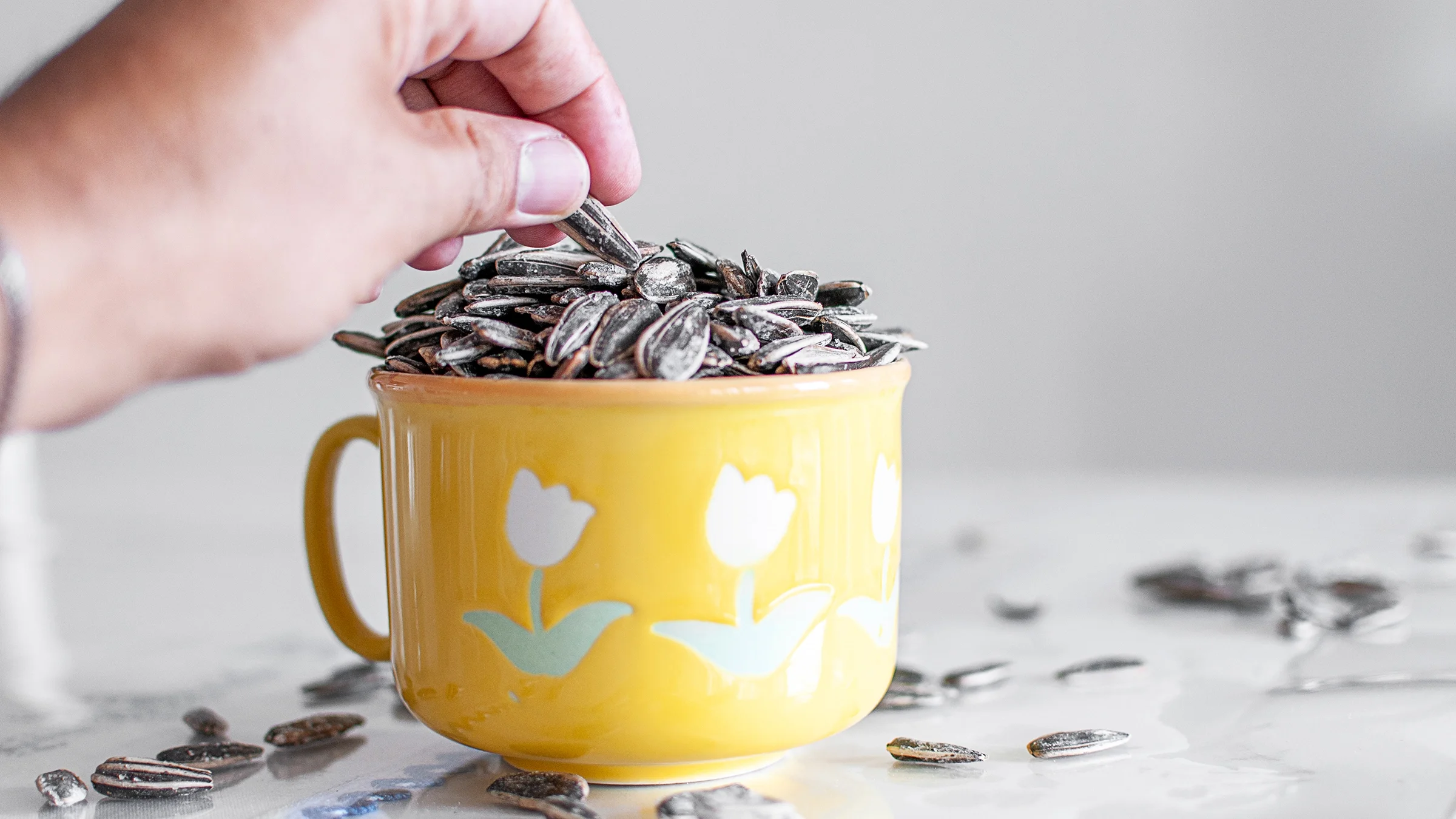 Close-up hand with sunflower seeds.