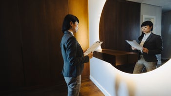 Social-anxiety-disorder: woman practicing a speech in the mirror 2005873349