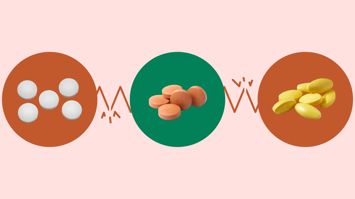 Custom graphic highlighting simvastatin and two types of drugs it interacts with. In the center are reddish orange pills on a green circle. On the left are white pills on a red circle. And on the right are yellow pills on a red circle. All circles are connected with a broken zig-zag line. 