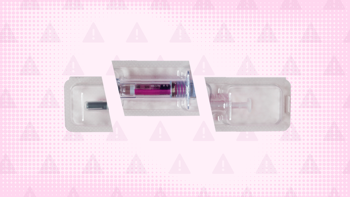 Light pink background with a halftone texture and a warning sign pattern. In the center is a plastic packaged injectable medication with pink accents cut into three pieces. 