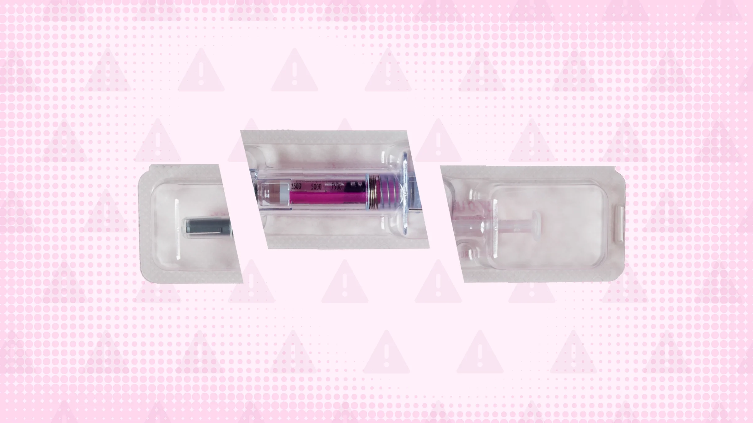 Light pink background with a halftone texture and a warning sign pattern. In the center is a plastic packaged injectable medication with pink accents cut into three pieces.
