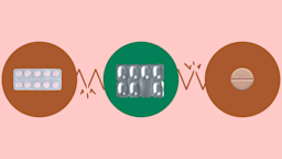 Custom graphic showing what medications can interact with olmesartan. In the center, on a green circle, is a silver blister pack of pills. On the right, on a red circle, is an orange-ish round pill. On the left, on a red circle, is a blister pack of light pink pills. 
GoodRx Health 
