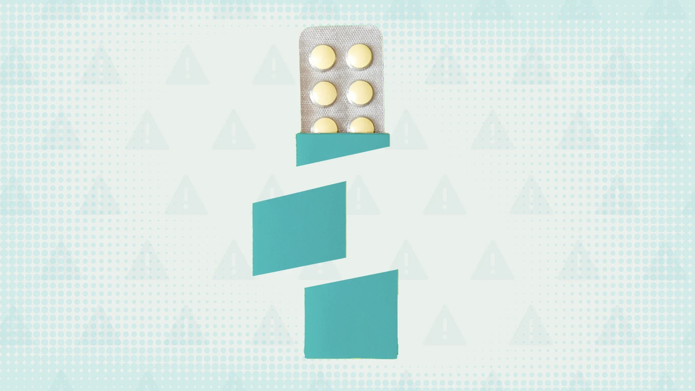 Light teal background with overlayed warning sign pattern in darker teal. In the center is a blister pack of pills in a teal case that is cut up into three sections.
GoodRx Health