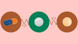 A graphic about opioid interactions shows three pills and capsules highlighted by red and green circles.
GoodRx Health