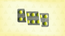 Light yellow background with halftone pattern and darker yellow warning sign pattern. In the center is a blister pack of yellow pills cut into thirds.
GoodRx Health
