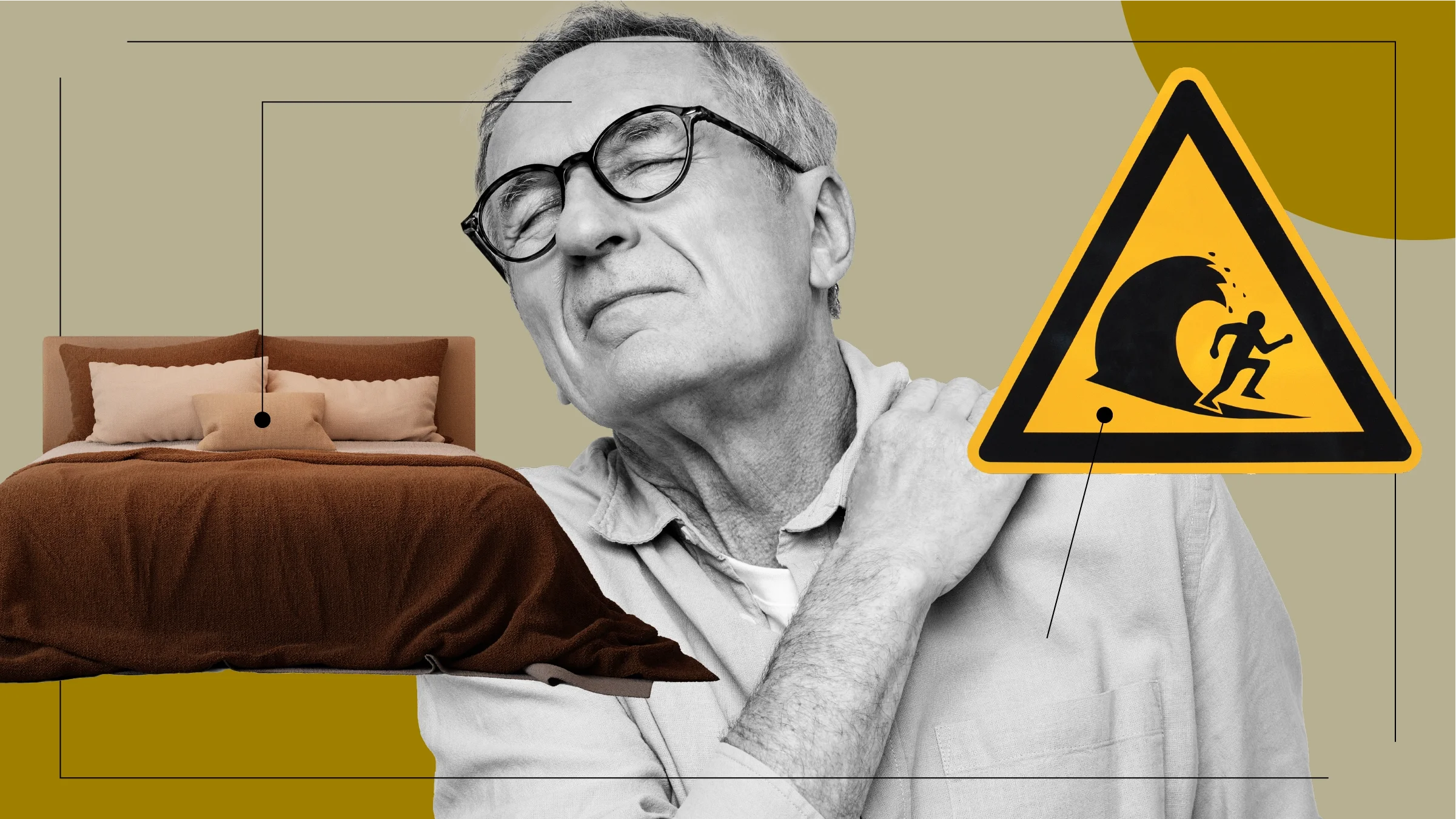 A graphic shows a black-and-white photo of a man in pain surrounded by images of a bed and a tidal wave warning sign. 