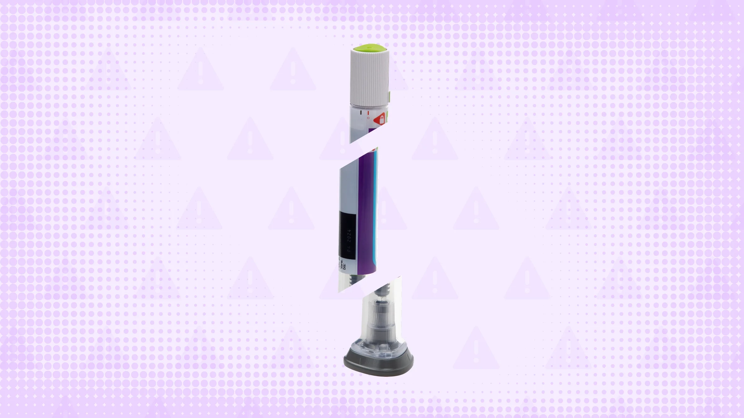 In the center of a light purple background with texture and warning sign pattern is a Trulicity pen cut into thirds.