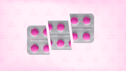 Pink background with halftone texture and warning sign background. In the center is a blister pack of pink round Benadryl pills cut into thirds. 
GoodRx Health