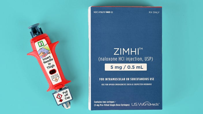 A Zimhi injection and product packaging sits against a blue background. 