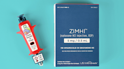 A Zimhi injection and product packaging sits against a blue background. 
Courtesy of US World Meds