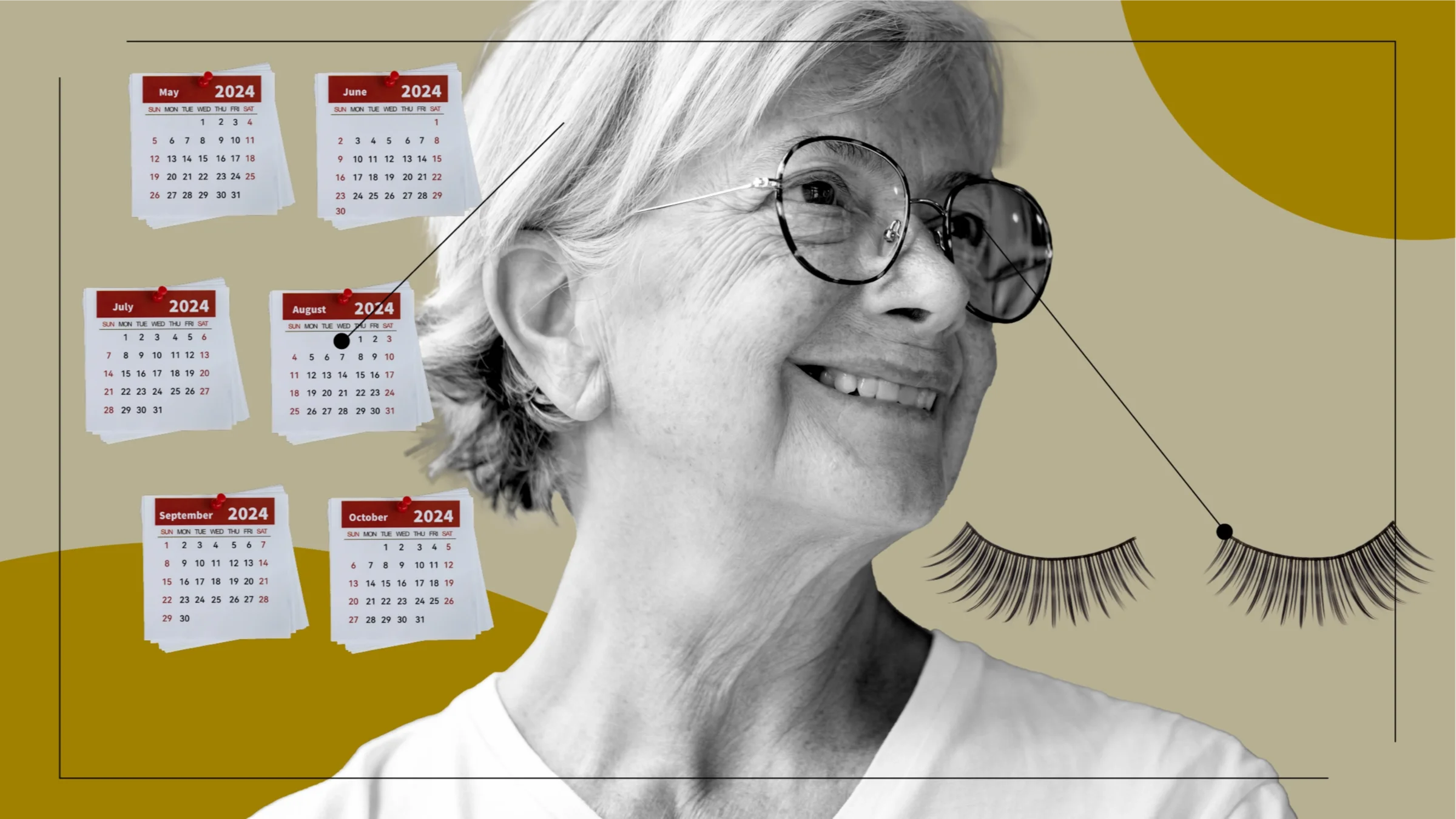 Tan background with black-and-white portrait of an older woman looking off to the side. Off of her are diagram lines pointing to objects representing what it’s like to take biotin. On the left are 6 months of calendar printouts. On the right are thick black eyelashes. 