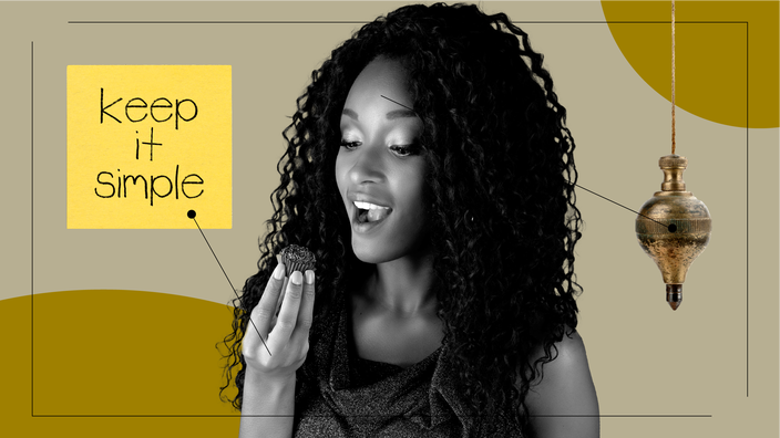 A graphic about feeling full shows a woman with a piece of chocolate, a reminder Post-it, and a vintage pendulum. 