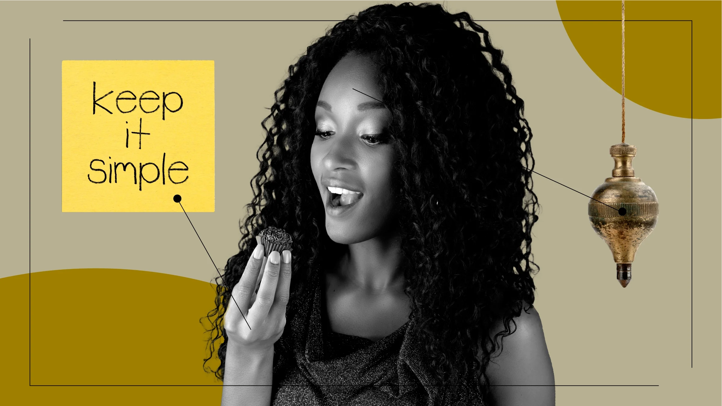 A graphic about feeling full shows a woman with a piece of chocolate, a reminder Post-it, and a vintage pendulum.