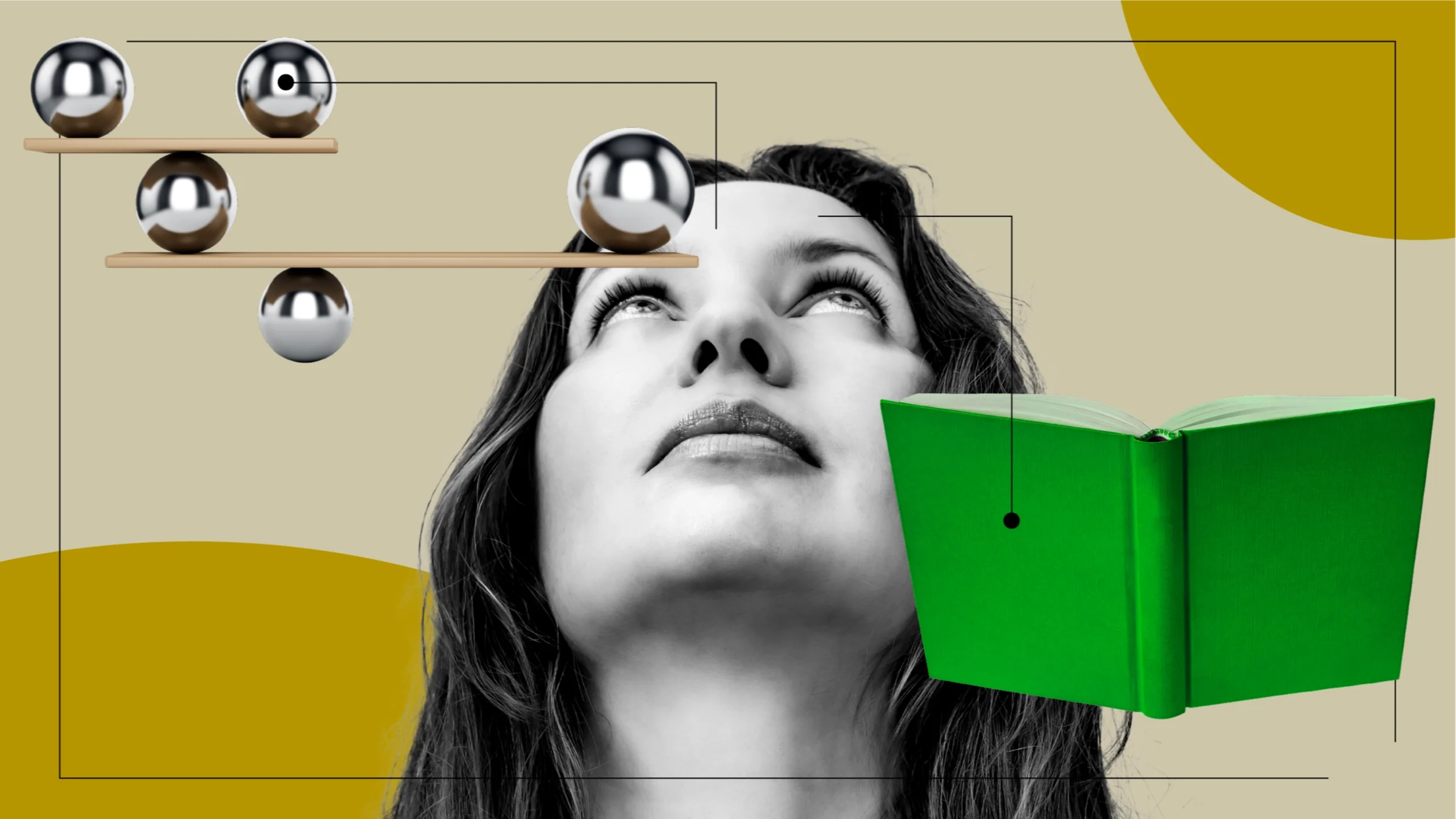 A photo of a woman and images of objects representing what it feels like to have the Huntington’s gene: silver balls balanced on a see-saw and an open book.