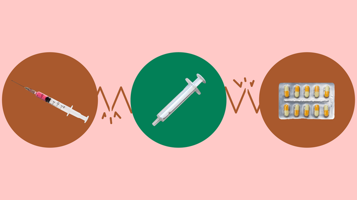  Light-red background with three circles across the frame. In the center, on a green circle, is a nasal syringe. On the left, on a red circle, is a needle syringe. On the right, on a red circle, is a blister pack of yellow capsule pills.