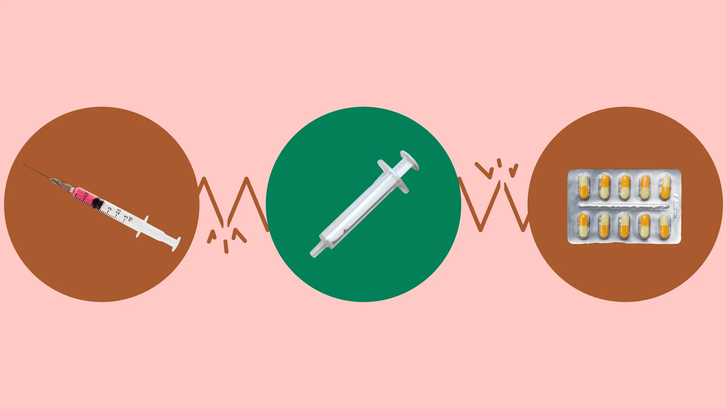  Light-red background with three circles across the frame. In the center, on a green circle, is a nasal syringe. On the left, on a red circle, is a needle syringe. On the right, on a red circle, is a blister pack of yellow capsule pills.
GoodRx Health
