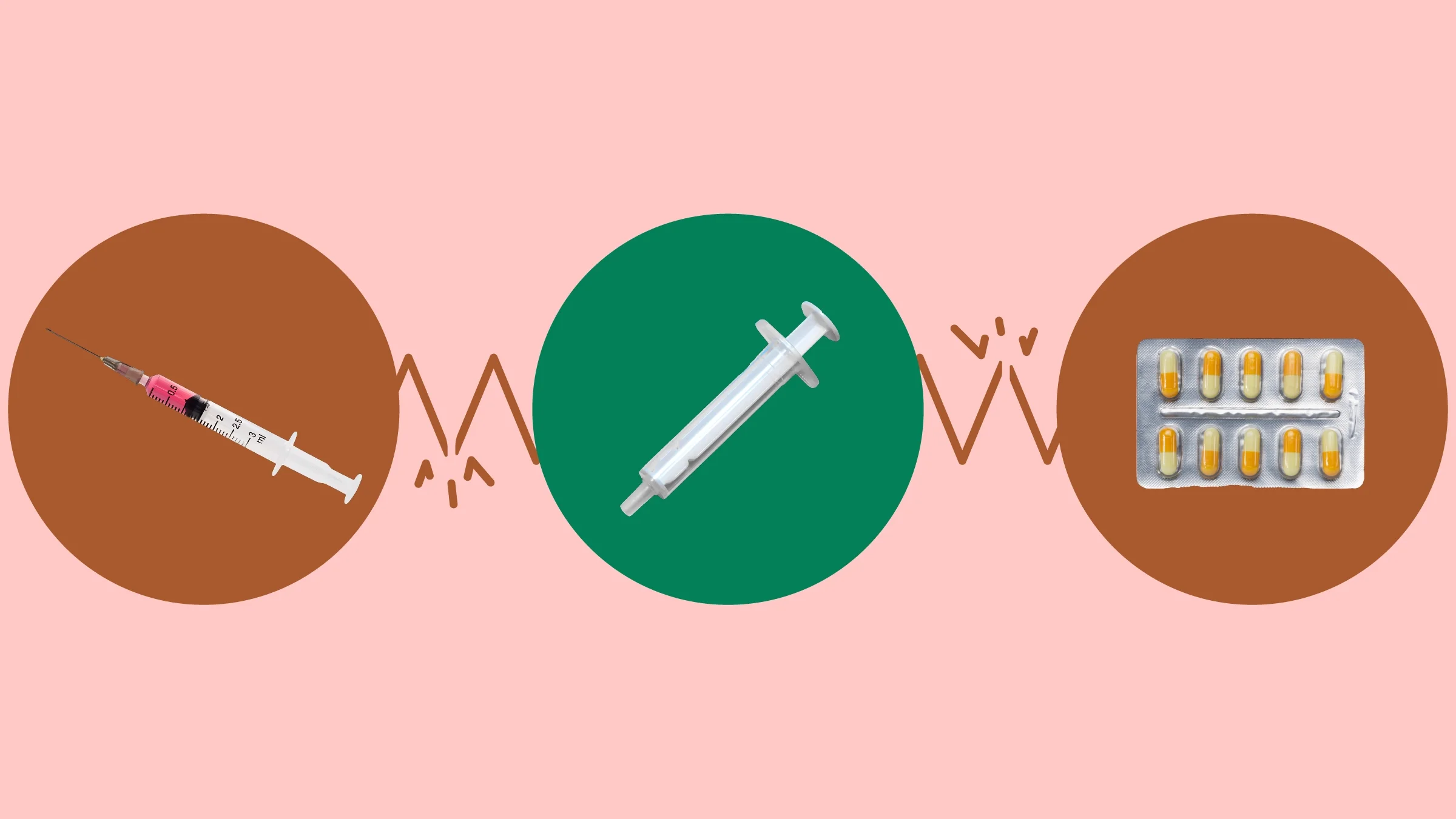 Light-red background with three circles across the frame. In the center, on a green circle, is a nasal syringe. On the left, on a red circle, is a needle syringe. On the right, on a red circle, is a blister pack of yellow capsule pills.