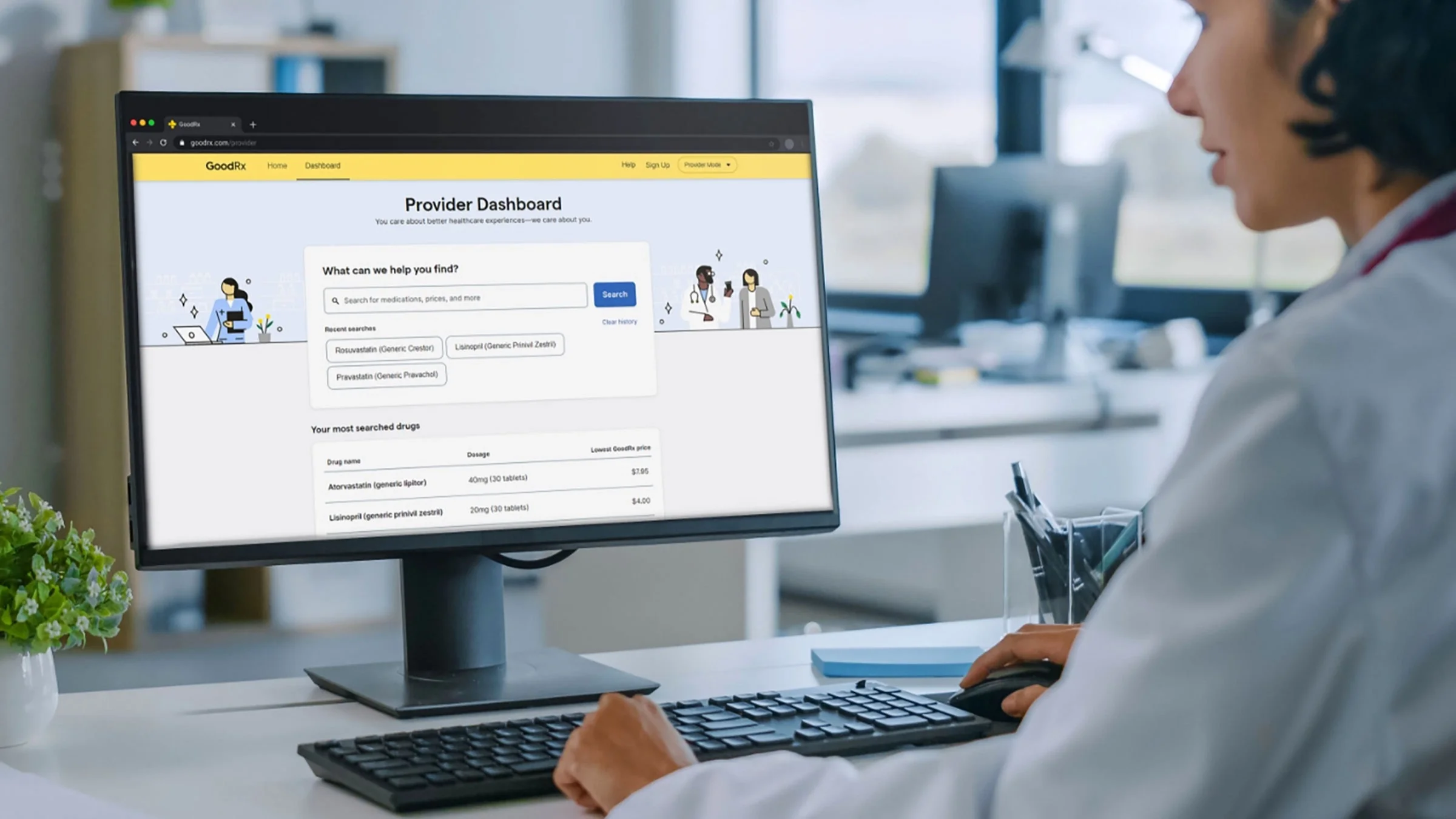 A healthcare provider looking at the new GoodRx Provider Mode site on a computer.