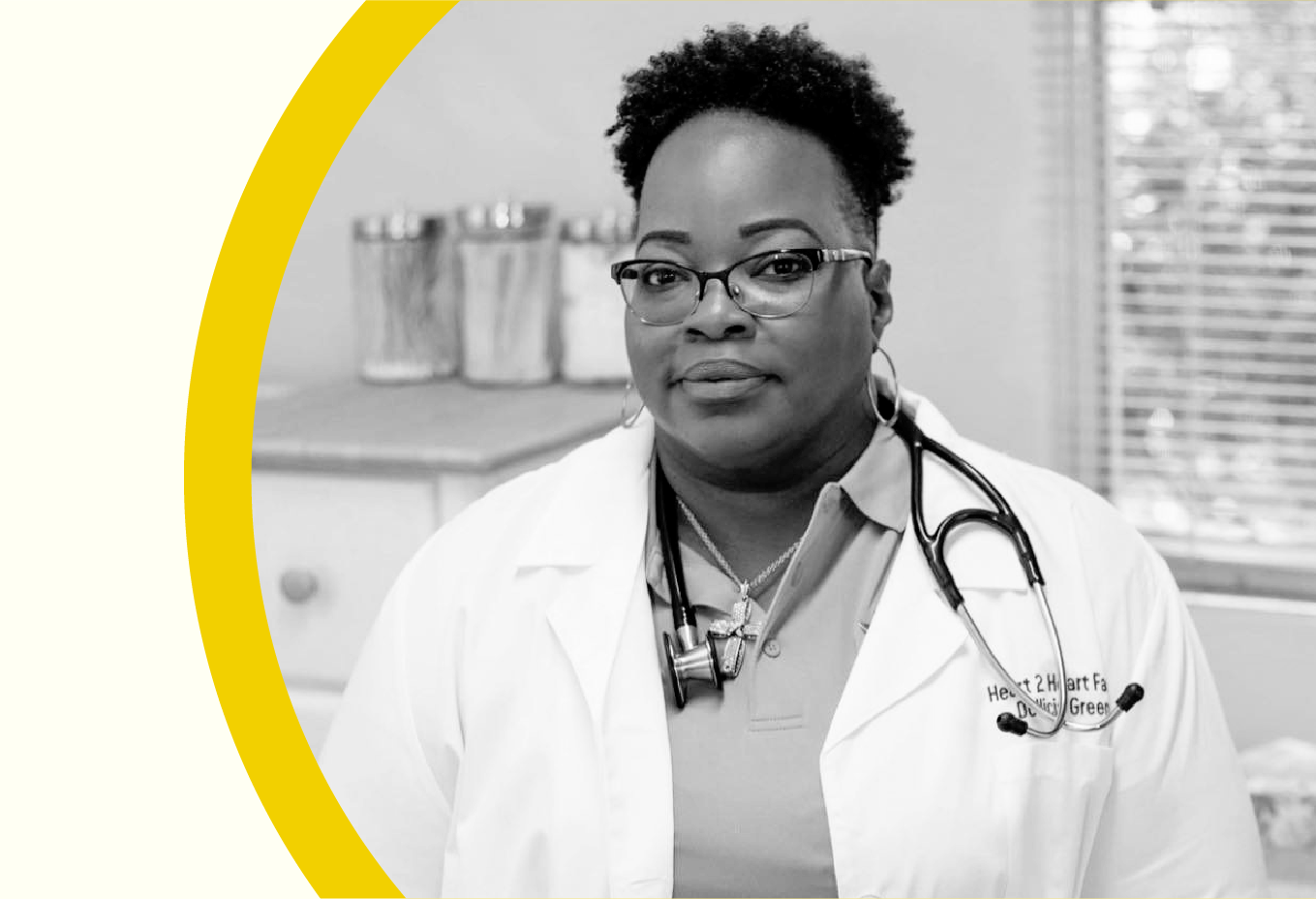 Portrait of healthcare worker Dollicia Greene, indoors.