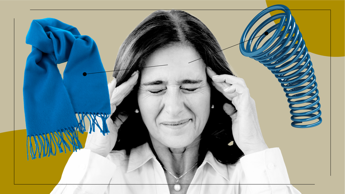 A custom graphic includes a black-and-white portrait of a woman surrounded by items representing migraine pain: a wool scarf and a popping spring. 