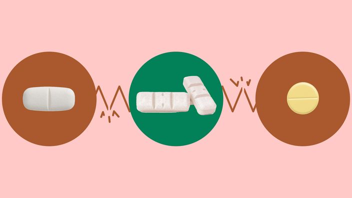Light red background with three circles across the frame. In the center are two rectangular bar pills on a green circle. On the left is an oblong white pill on a red circle. On the right is a single round yellow pill on a red circle.