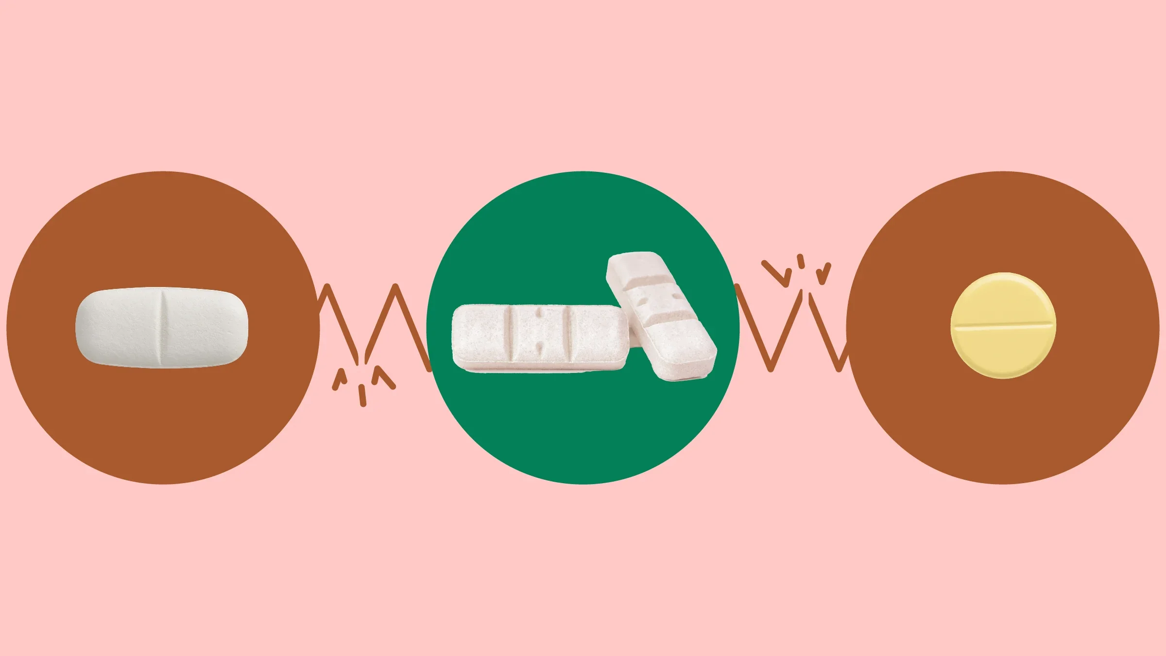 Light red background with three circles across the frame. In the center are two rectangular bar pills on a green circle. On the left is an oblong white pill on a red circle. On the right is a single round yellow pill on a red circle.
GoodRx Health