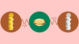 Light red background with three circles across the frame. In the center, on a green circle, is a gel capsule pills. On the left, on a red circle, is a stack of yellow round pills. On the right, on a red circle, is a stack of white round pills. 
GoodRx Health