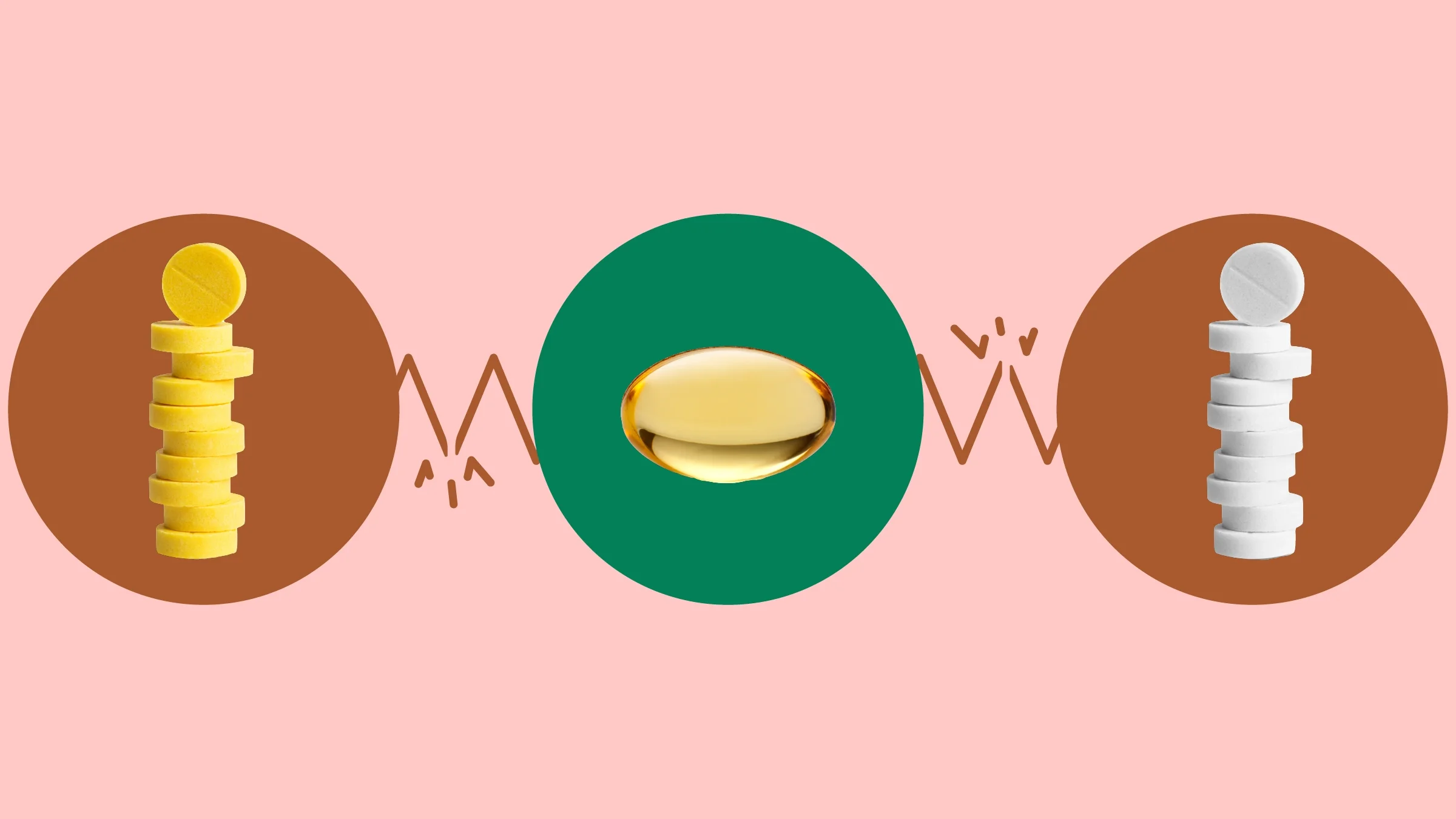 Light red background with three circles across the frame. In the center, on a green circle, is a gel capsule pills. On the left, on a red circle, is a stack of yellow round pills. On the right, on a red circle, is a stack of white round pills. 
