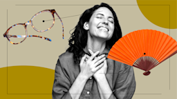 A graphic includes a black-and-white portrait of a woman looking blissful, surrounded by images representing the effects of Prozac: glasses and a foldable fan.
GoodRx Health