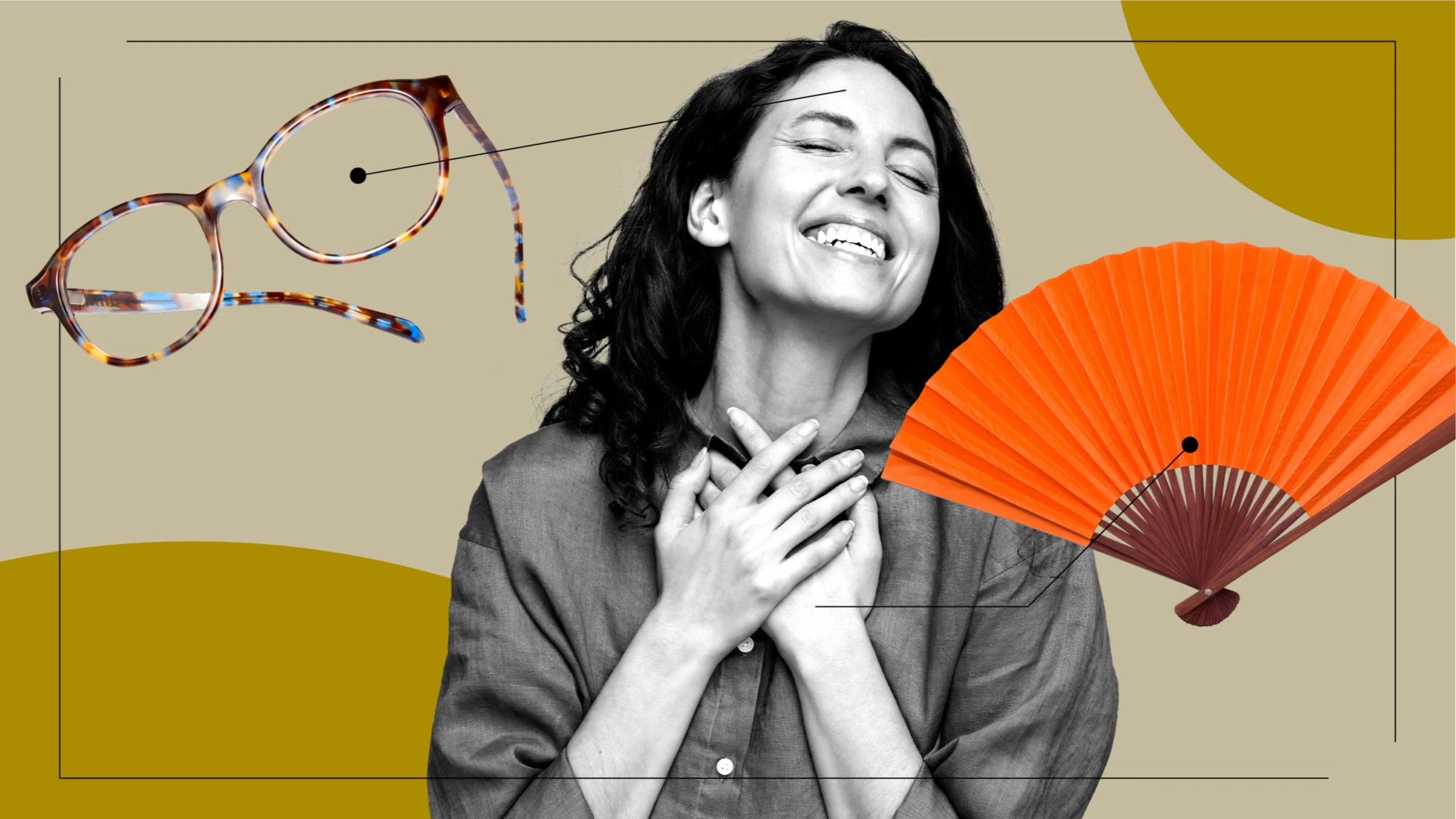 A graphic includes a black-and-white portrait of a woman looking blissful, surrounded by images representing the effects of Prozac: glasses and a foldable fan.